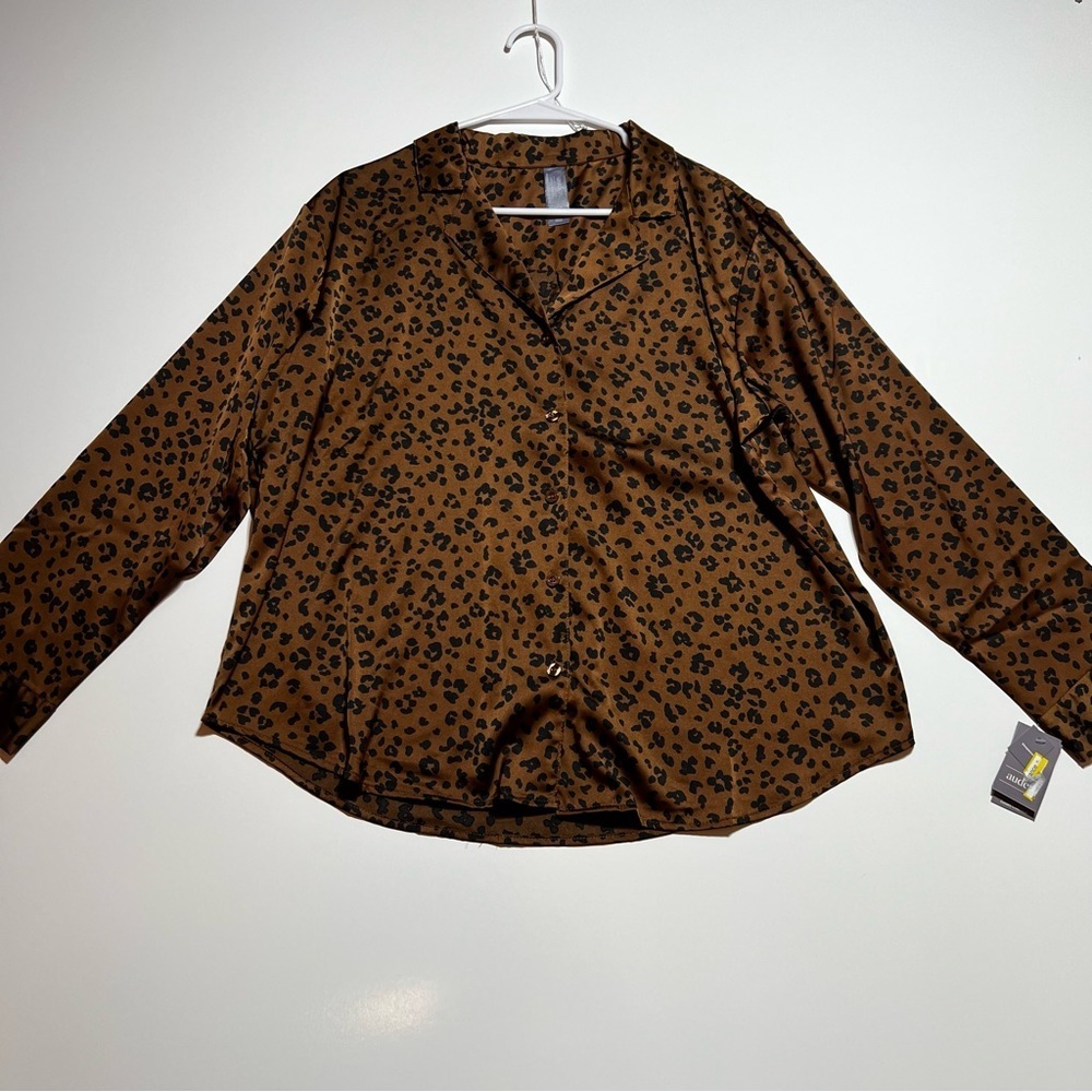 NWT Auden Women's Brown Leopard-Print Long-Sleeve Pajama Top- Size L